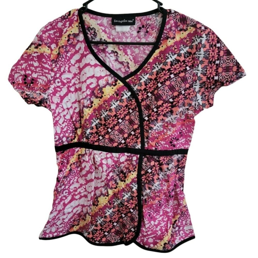Los Angeles Rose Scrub Top Womens Size Small Pink Floral Nursing Medical
